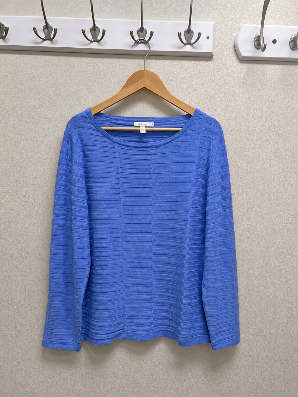Chico’s Blue Textured Stripe Knit Sweater Top Size 3 XL Rayon Blend Long Sleeve